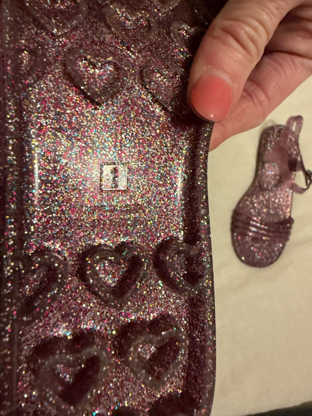 Girls Plush Ty Animal Slides & Old Navy Purple Glitter Jelly Sandals - Picture 4 of 7